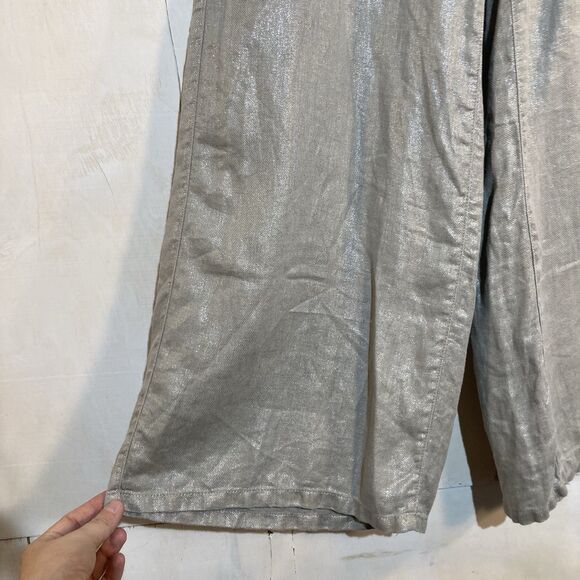 Rachel Zoe Shimmer Wide Leg Linen Flax Pants High Rise Womens Size S Gray Silver - Picture 2 of 7